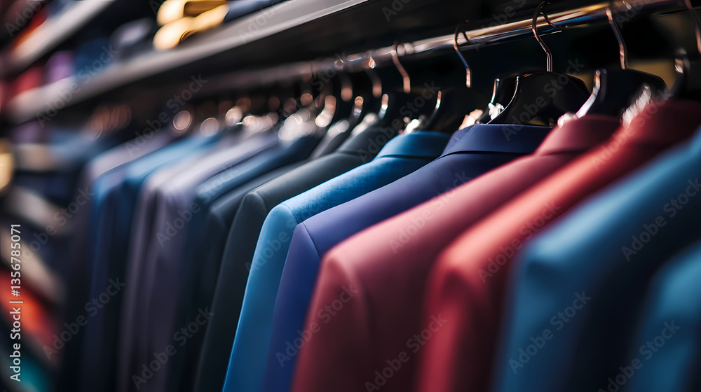 Poster elegant array of suits: a captivating display of suits in various vibrant colors hangs neatly in a r