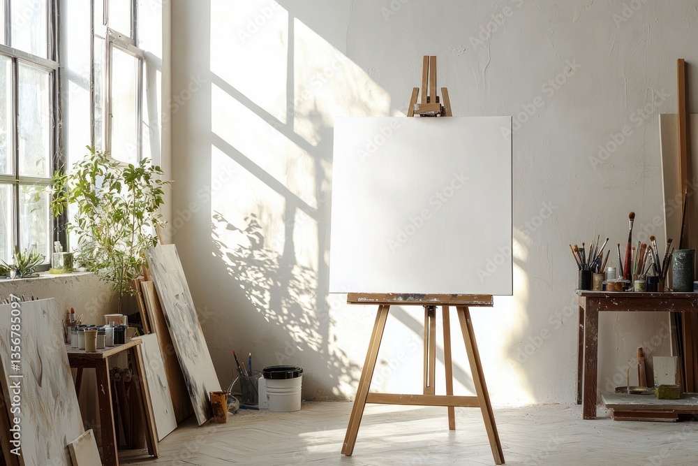 Poster sunny art studio interior with easel and blank canvas for painting in artistic workspace