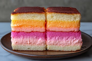 Desserts with colorful layers served on a plate display in a bright kitchen setting