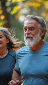 Seniors enjoying an active morning run in a serene park setting surrounded by vibrant foliage. Ideal for Social Media, Stories, Advertising