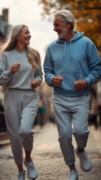 Elderly couple jogging in a picturesque urban setting during autumn. Ideal for Social Media, Stories, Advertising
