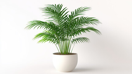 Obraz premium lush green palm plant in white pot is set against plain white background, creating minimalist and fresh aesthetic. vibrant leaves spread out gracefully, adding touch of nature indoors