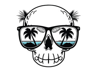 Skull's Beach Escape: A playful and stylized illustration of a skull sporting sunglasses reflects a tropical beach scene in the lenses, evoking a sense of laid-back relaxation.