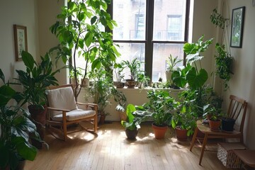 Fototapeta premium Indoor sanctuary with lush plants filling the interior space creating serene atmosphere perfect for relaxation capturing tranquility