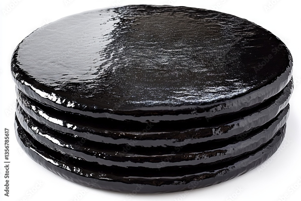 Poster stack of glossy black circular objects arranged neatly on a plain background