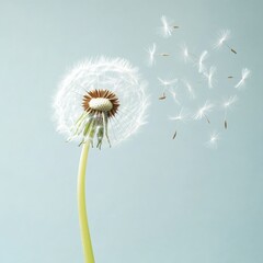 Delicate Dandelion Clock in Gentle Breeze Scattering Seeds Against Soft Blue Background Capturing Ephemeral Beauty and Natural Grace in Minimalist Style