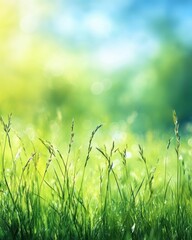 Obraz premium Serene Meadow of Green Grass Blades Bathed in Sunlight with Bokeh Background and Soft Focus for Tranquil Nature Scene