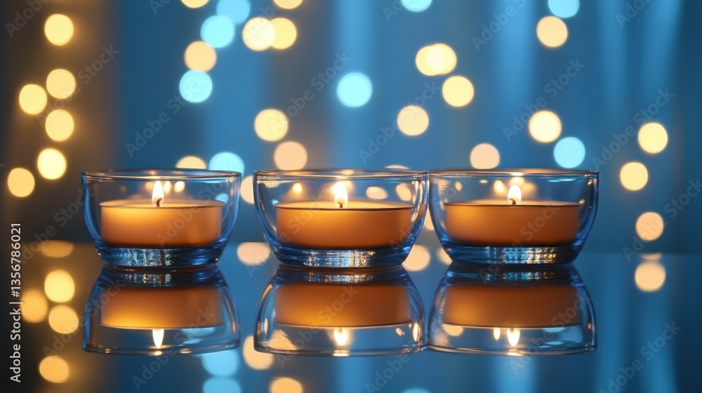 Poster three lit candles in glass holders reflecting on a glossy surface with bokeh lights background creat