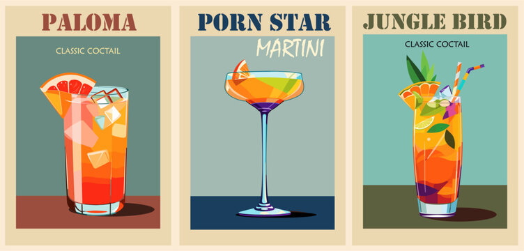 Cocktails retro poster set. White Russian, Cuba Libre, Whiskey Sour. Collection of popular alcohol drinks. Vintage flat vector illustrations for bar, pub, restaurant decoration, kitchen wall art print