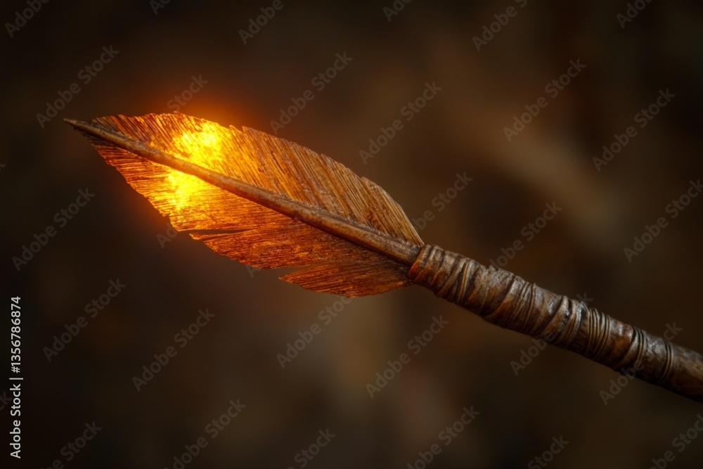 Poster glowing arrow with intricate feather details illuminated against a dark background