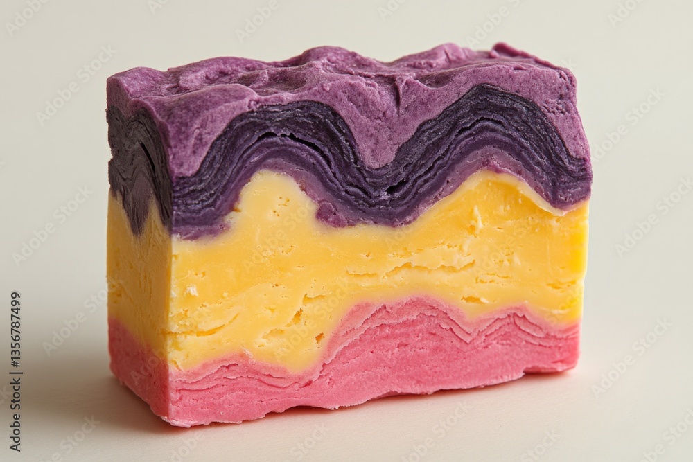 Poster colorful layered soap block showcases artistic design and craftsmanship in a studio setting