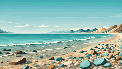 Scenic coastal landscape with turquoise sea, pebble beach, and distant mountains. Tranquil nature illustration perfect for travel, relaxation, and summer-themed designs.