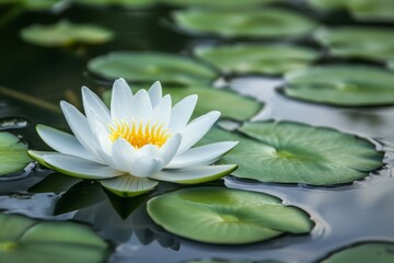 Tranquil white lotus floating amidst green lily pads. Neural network AI generated