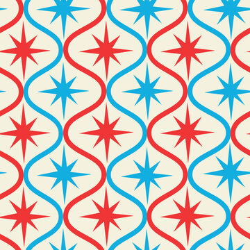 Mid century modern red and blue atomic starbursts on retro ogee shapes seamless pattern on white background . For wallpaper, home d&eacute;cor, wrapping paper and fabric
