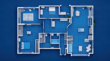 detailed 3D floor plan of modern apartment features multiple rooms, including bedrooms, bathrooms, kitchen, and living area, all set against blue background