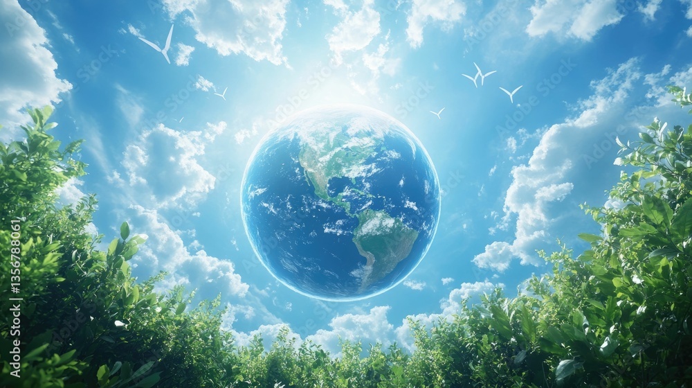 Poster digital of a globe surrounded by atmospheric layers of clouds lush foliage and symbols representing 