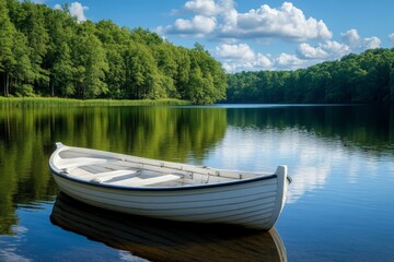 Obraz premium Serene white boat floats on calm water surrounded by lush greenery under a bright blue sky with fluffy clouds