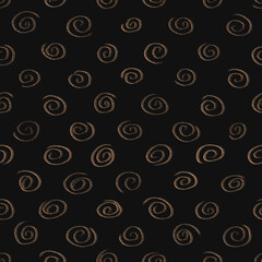 Illustration, background, seamless pattern of regular golden handwritten dots spirals on black background