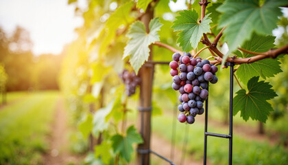 Naklejka premium Vibrant grapes growing on trellis during golden hour, nature's bounty
