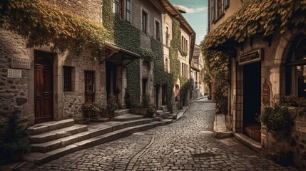Fototapeta premium Quaint European Village Street with Stone Buildings and Cobblestone Road Architecture