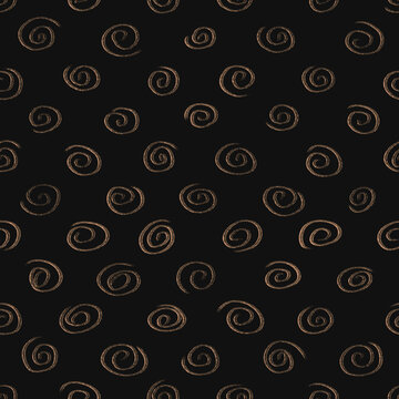 Illustration, background, seamless pattern of regular golden handwritten dots spirals on black background