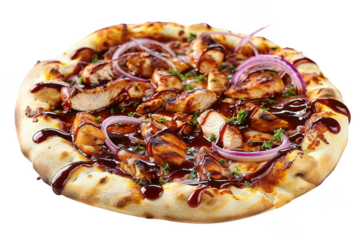 A barbecue pizza with grilled poultry and red onion rings isolated on transparent background