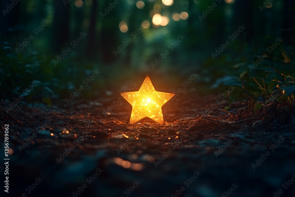 Aufkleber glowing star sculpture illuminated on a forest path during twilight