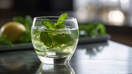 Refreshing Mint Infused Drink with Lemon and Ice in Clear Glass on Dark Marble Countertop