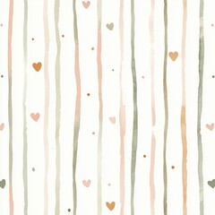 Delicate baby pattern featuring hand-drawn stripes, polka dots, and hearts in soft neutral colors with a subtle watercolor effect Generative AI