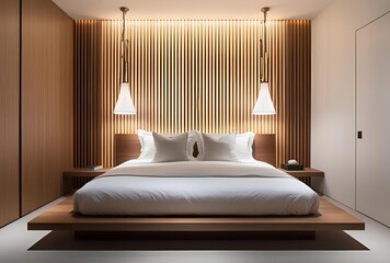 Modern Minimalist Bedroom with Wooden Accents and Elegant Lighting

