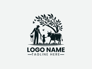 Farmer and Child Cow Silhouette Rural Family Logo Design