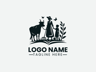 Farmer and Child Cow Silhouette Rural Family Logo Design