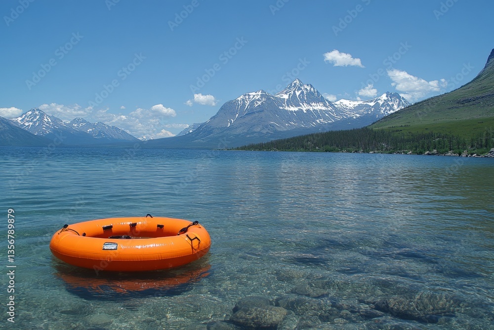 Poster bright orange inner tube floating in the serene waters with mountains under a clear sky during summe