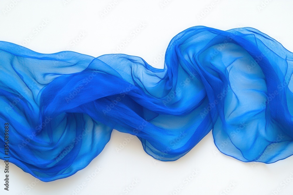 Poster elegant flowing sapphire blue chiffon fabric on a pristine white backdrop creating a serene and airy