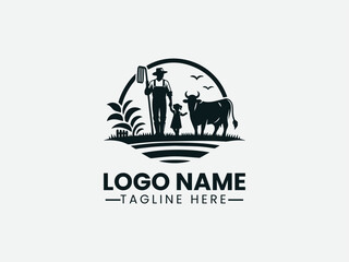 Farmer and Child Cow Silhouette Rural Family Logo Design