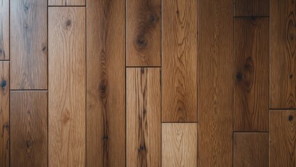 Naklejka premium Natural wooden flooring texture featuring various shades of brown and oak grains arranged in a staggered pattern on a flat surface.
