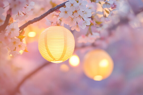 Soft-light paper lantern hanging among delicate pink cherry blossoms, creating a serene and peaceful atmosphere, showcasing spring's gentle beauty and tranquility