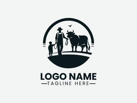 farmer and child with cow silhouette. Rural family life logo