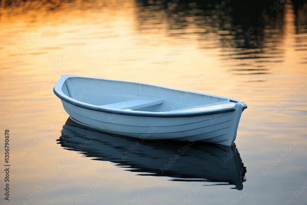 Aufkleber serene white boat floating on calm water during sunset in a tranquil lakeside setting