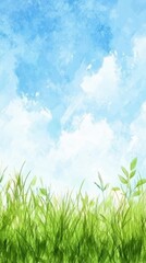 Fototapeta premium Serene watercolor painting of a vibrant green meadow under a bright blue sky with fluffy white clouds peaceful nature scene