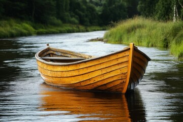 Obraz premium Wooden boat floats peacefully on calm river surrounded by lush greenery during a sunny day