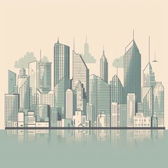 Obraz premium Serene Cityscape Reflection with Modern Architecture in Calm Waters and Pastel Hues Illustration