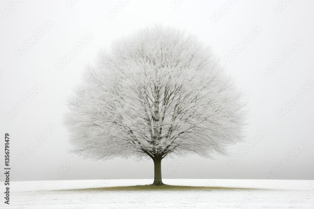Aufkleber snow-covered tree stands alone in a foggy winter landscape at dawn, creating a serene and peaceful a