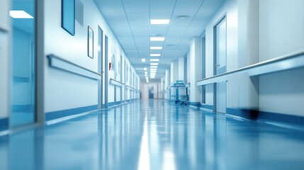 Fototapeta premium Serene hospital corridor with blue tones and glossy floor reflecting light creating a sense of cleanliness and healthcare professional environment