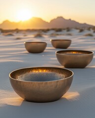 Singing bowls in a desert landscape bathed in warm light at sunset.