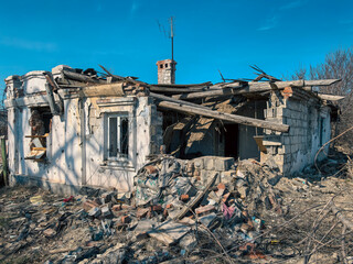 destroyed and burned houses in the city in Ukraine