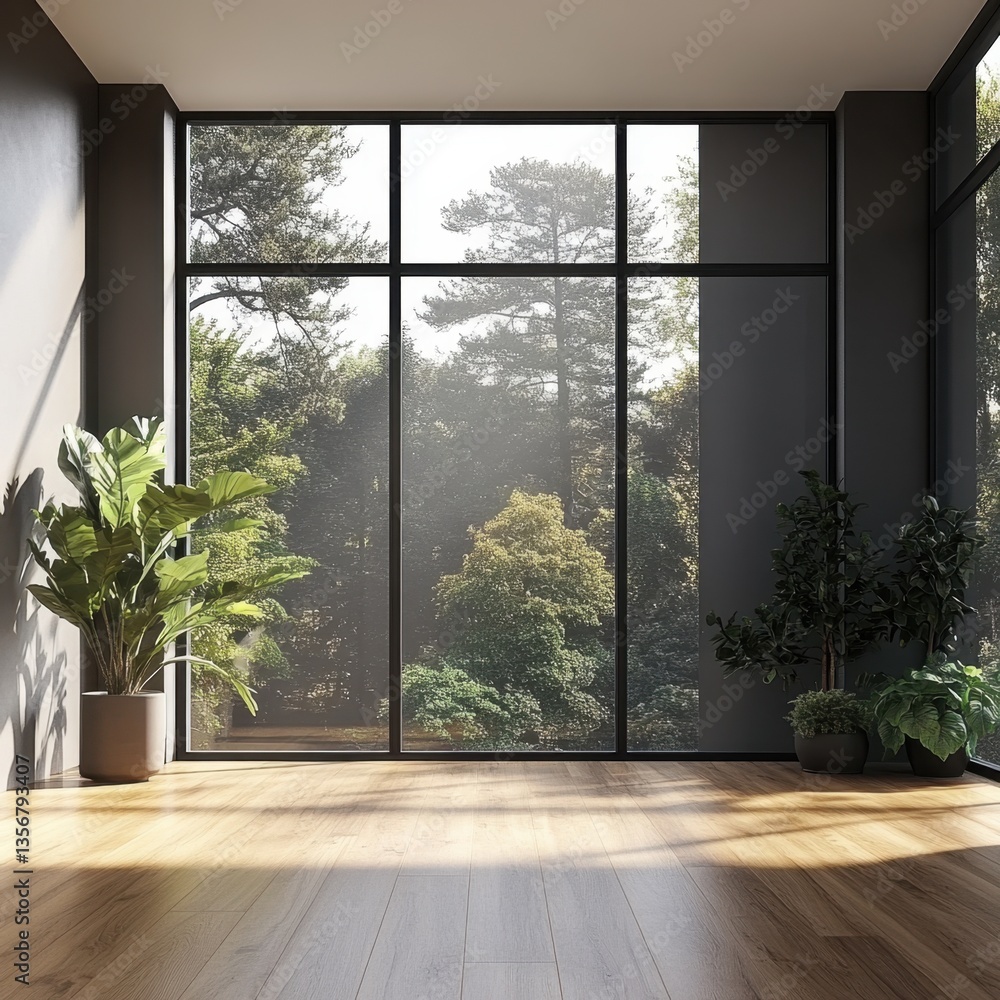 Poster serene indoor space with lush green view through large windows and warm wooden floor creating a tran