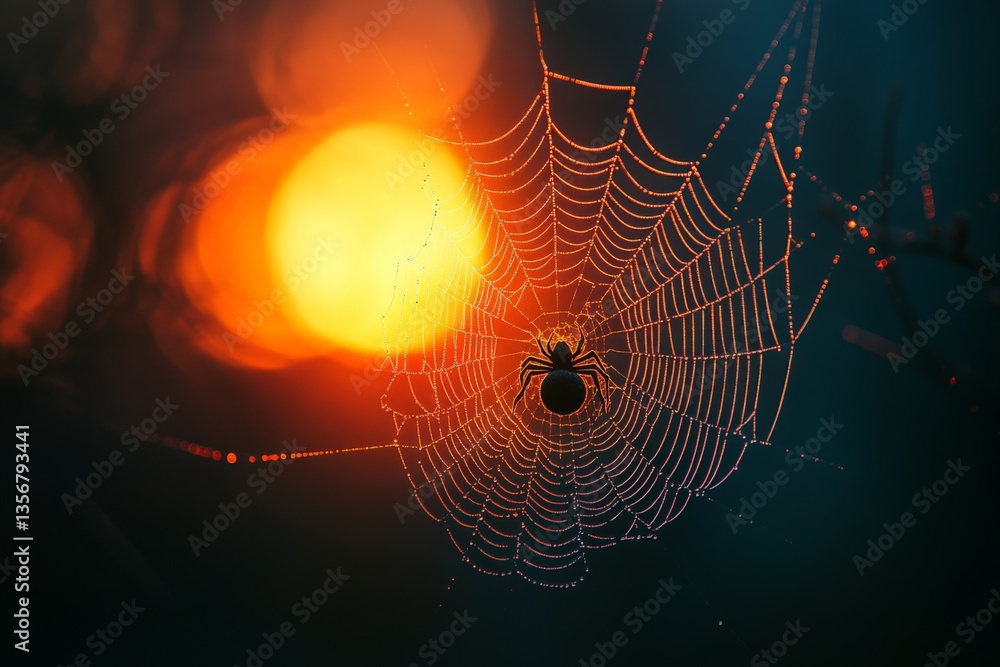 Poster close-up view of a spider weaving a web at sunset, showcasing intricate details against a glowing ba