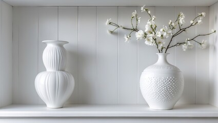 Elegant white vases with textured designs positioned on a pristine white shelf, adorned with delicate white blossoms enhancing a minimalist decor.
