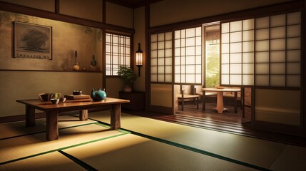 Serene Japanese Room with Tatami Mats Tea Table and Shoji Screens Providing Ambient Light